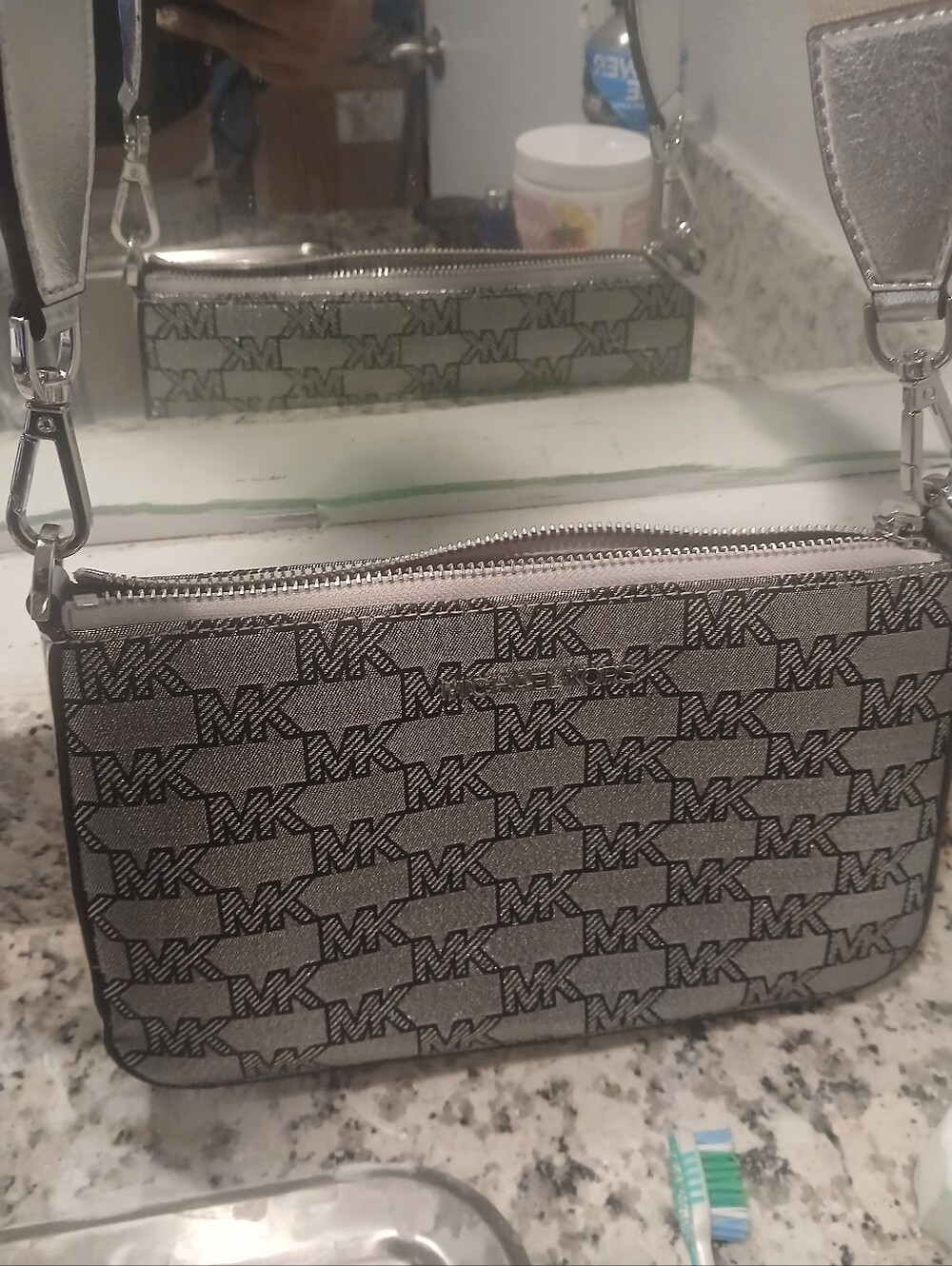 Michael Kors Silver Metallic MK Pattern Crossbody Bag